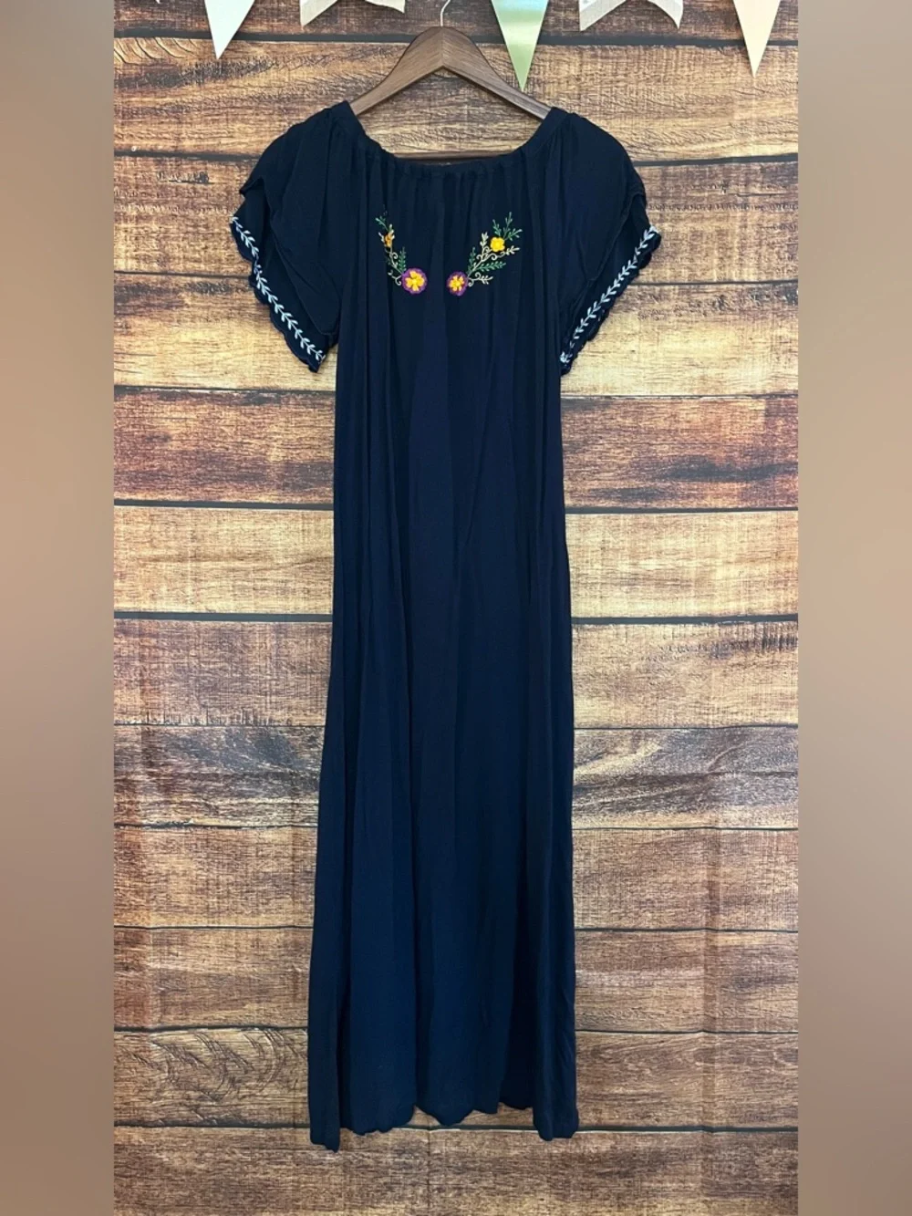 Back From Bali Traditional Mexican Off-Shoulder Navy Embroidered Maxi Dress - Picture 6 of 7